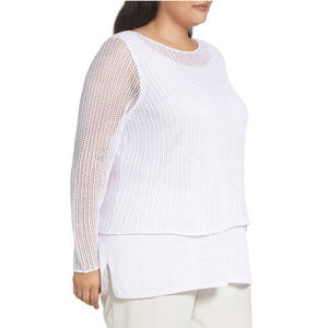 EILEEN FISHER White Linen Knit Mesh Overlay Tiered Layered Sweater 2X